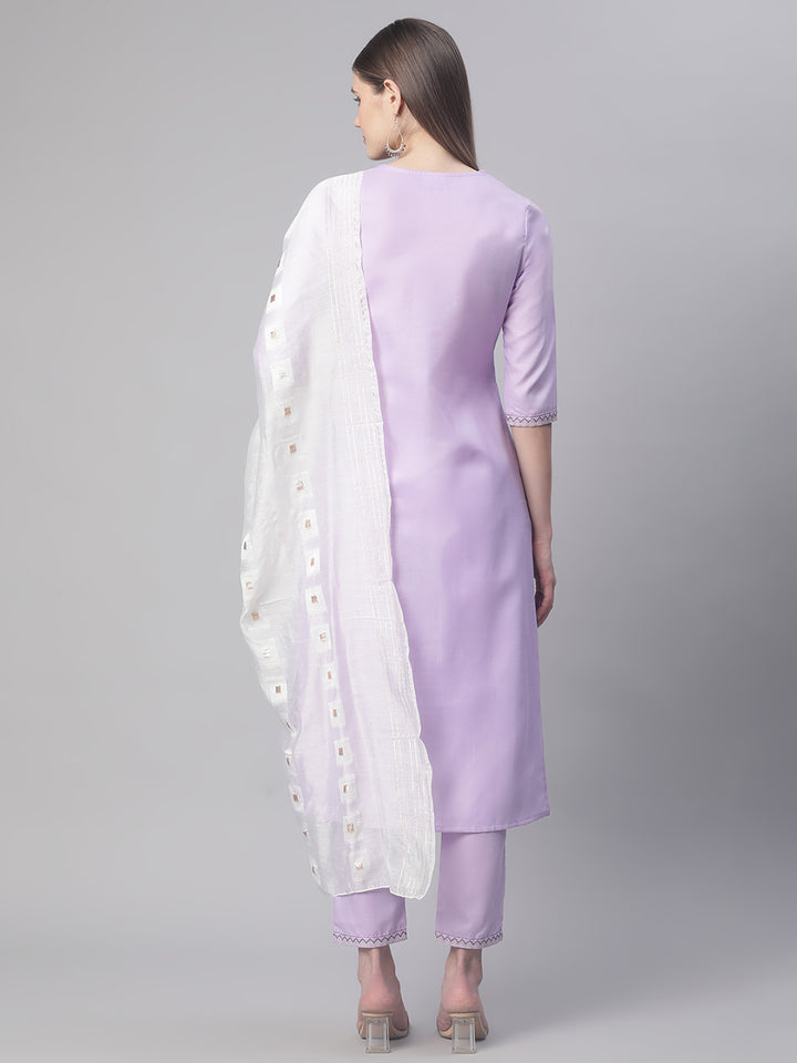 Women Lavender Solid Embroidered Yoke Design Kurta Set with Dupatta