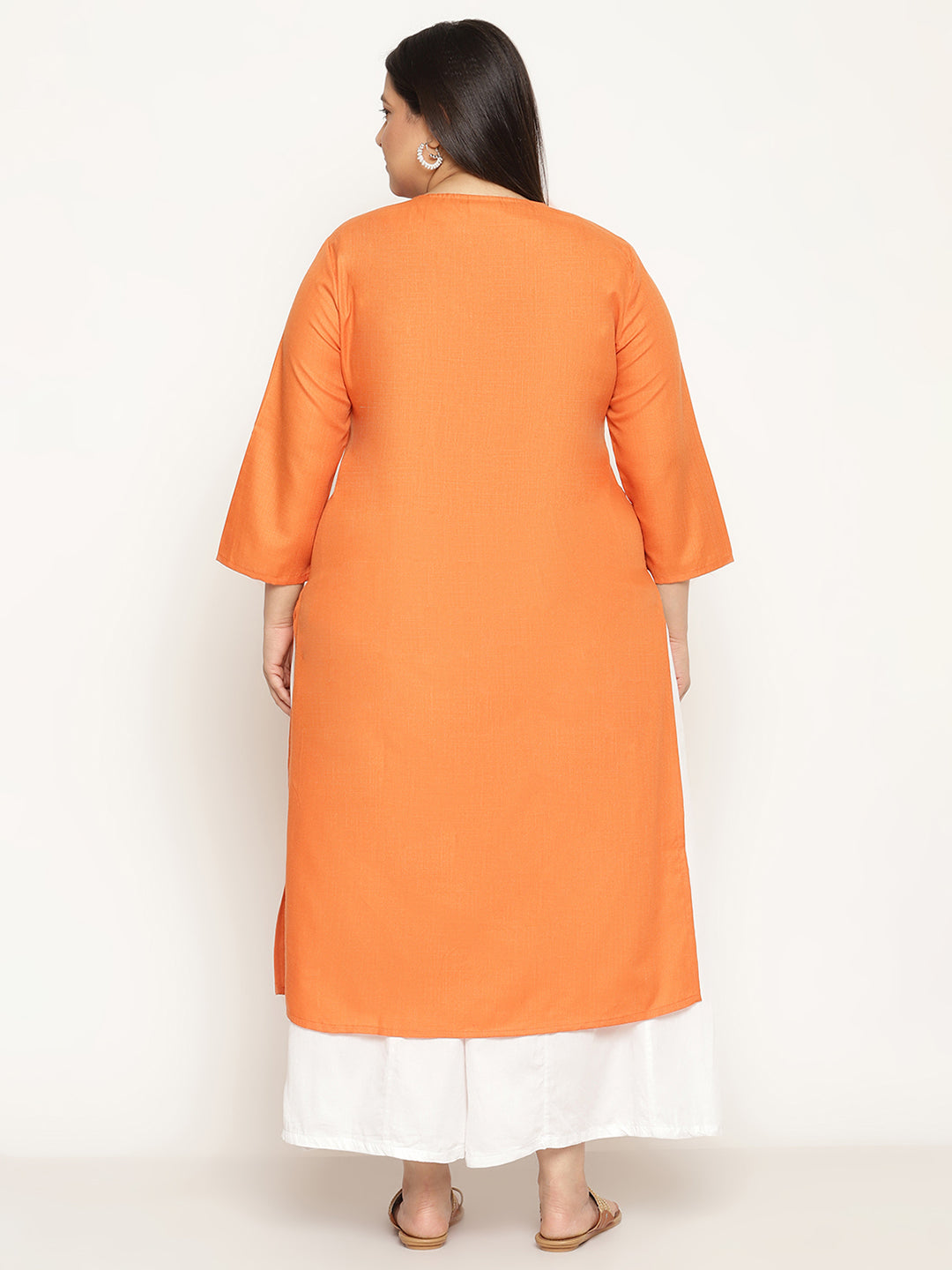 Women Orange Embroidered Plus Size Kurta
