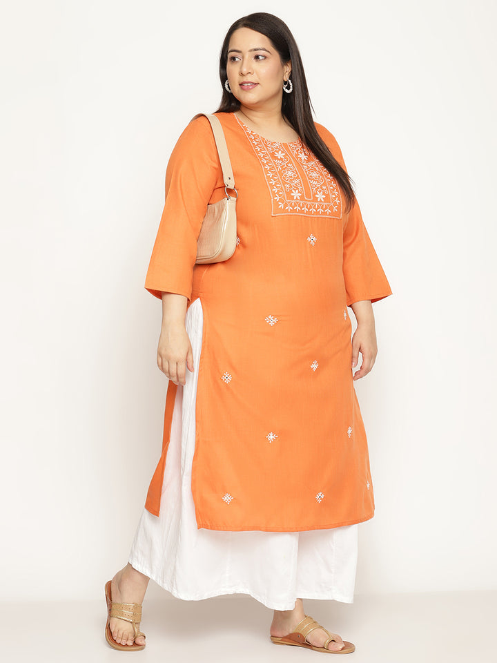 Women Orange Embroidered Plus Size Kurta