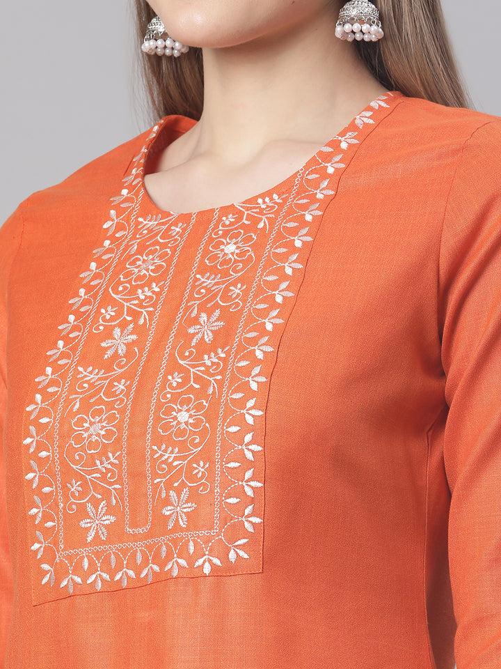 Women Orange Embroidered Yoke Design Kurta with Trouses and Dupatta