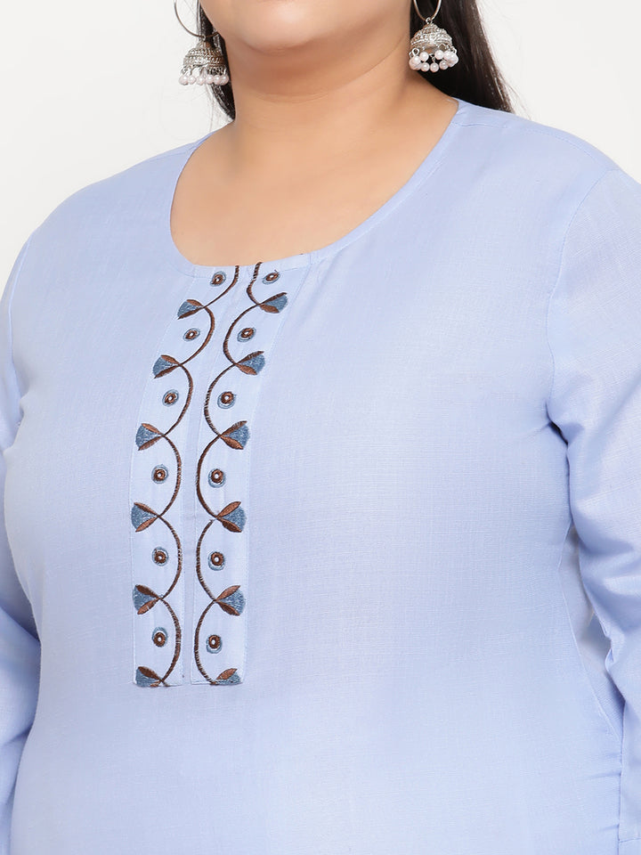 Women Blue Embroidered Plus Size Kurta
