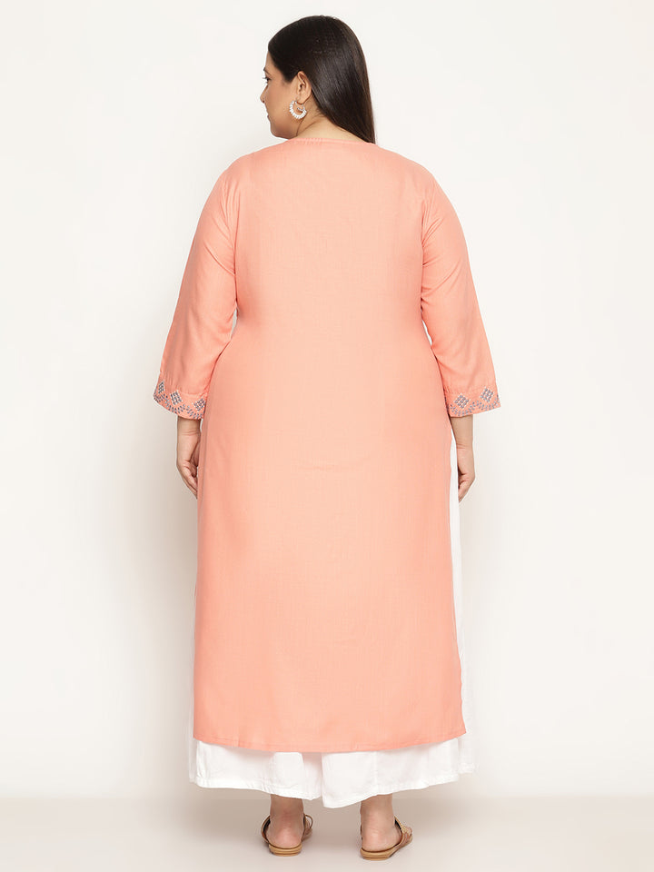 Women Solid Peach Yoke Embroidered Plus Size Kurta
