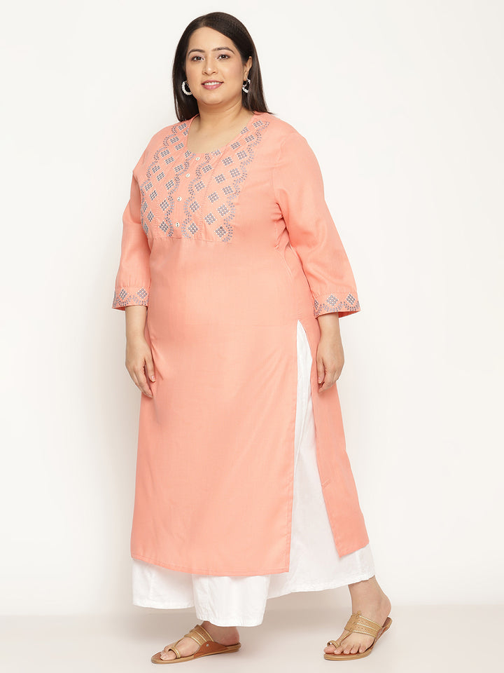 Women Solid Peach Yoke Embroidered Plus Size Kurta