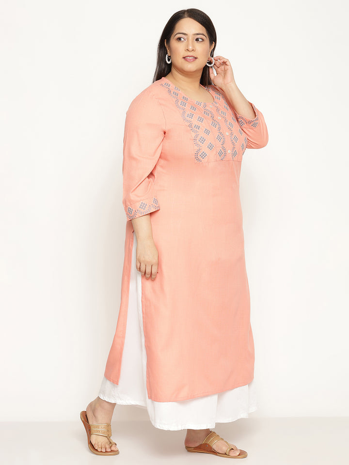 Women Solid Peach Yoke Embroidered Plus Size Kurta