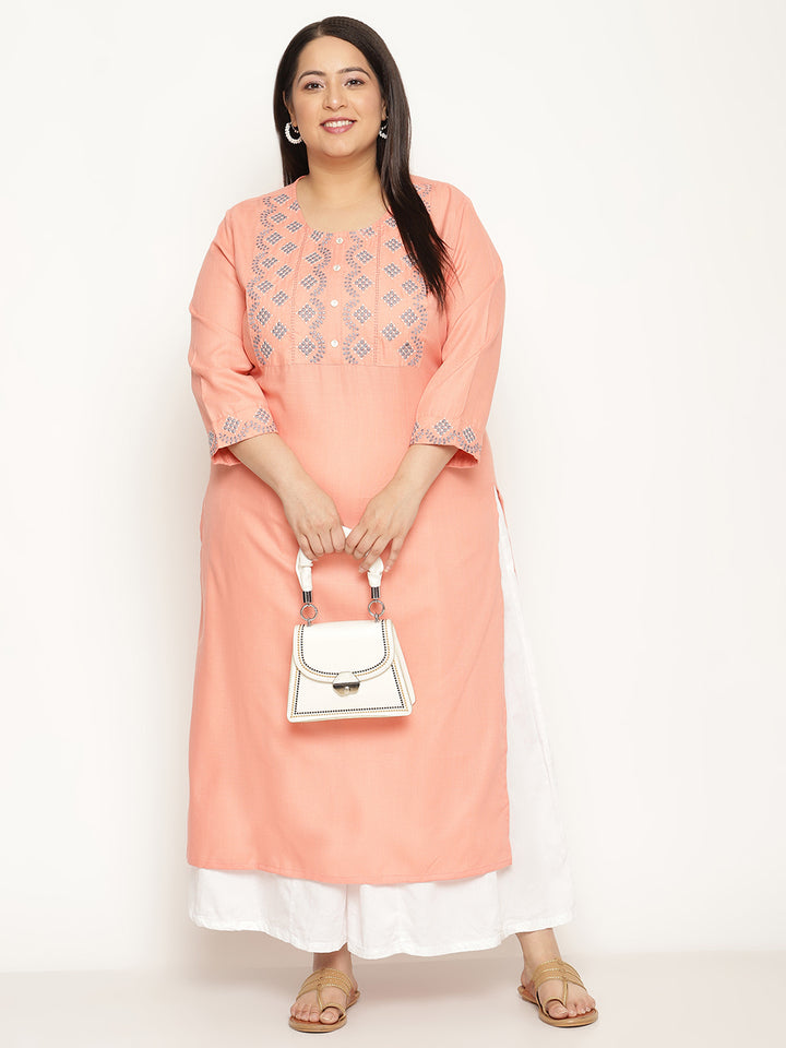 Women Solid Peach Yoke Embroidered Plus Size Kurta
