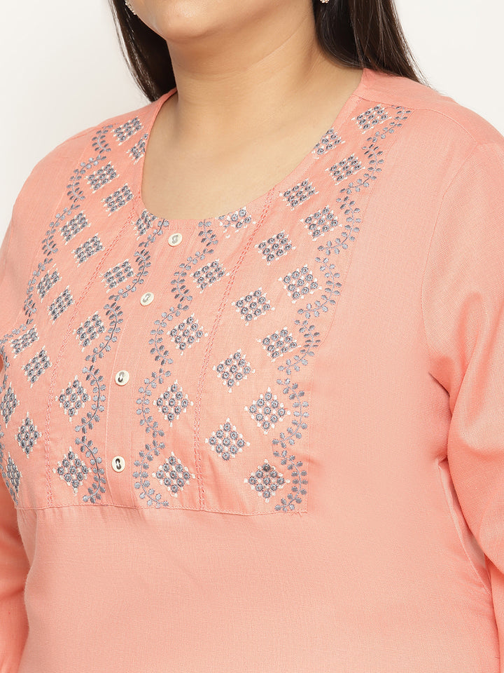 Women Solid Peach Yoke Embroidered Plus Size Kurta