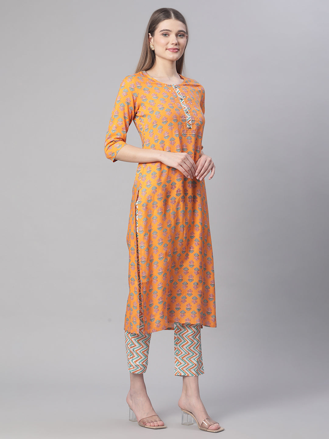 Women Orange Printed Kurta with Trousers and Dupatta