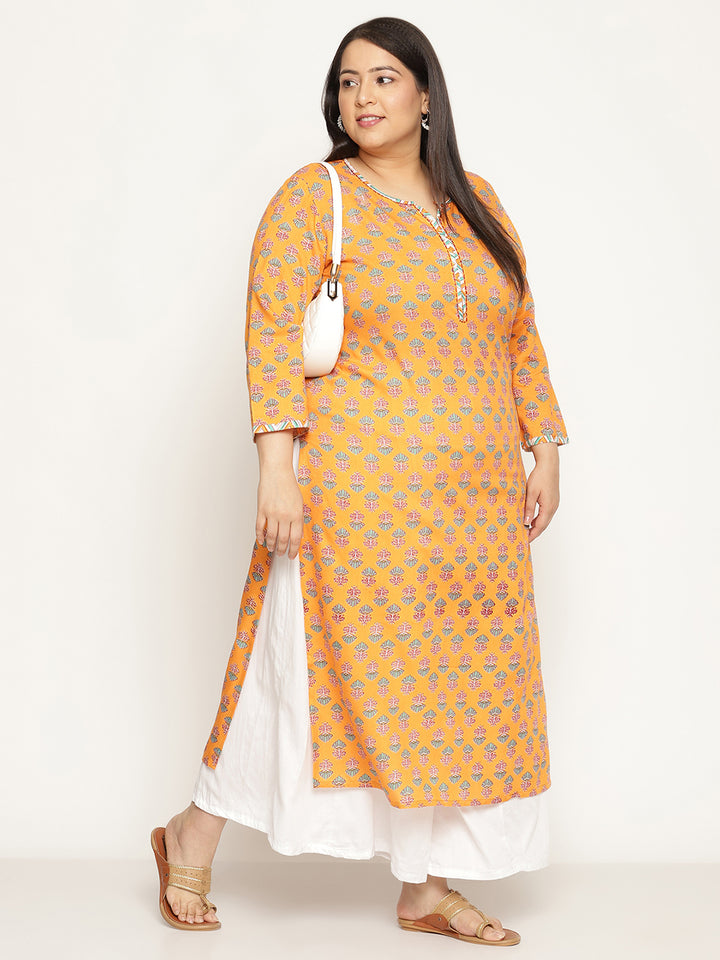 Women Orange Printed Plus Size Kurta