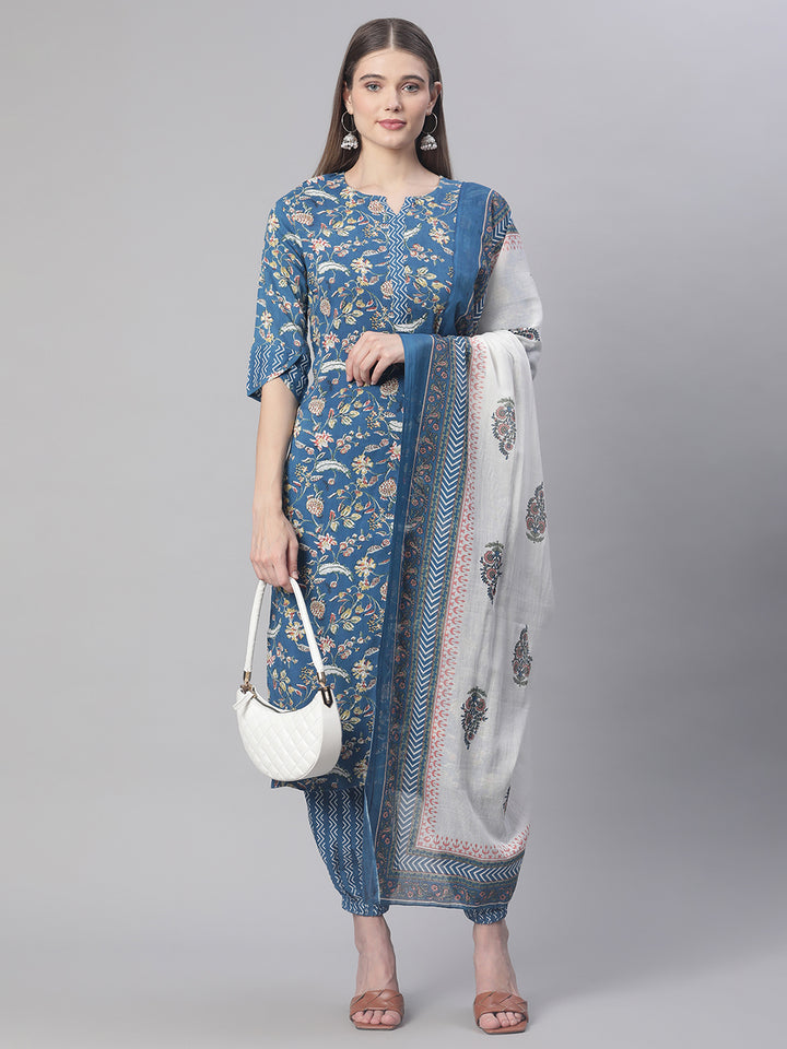 Women Blue Floral Printed Kurta set with Dupatta