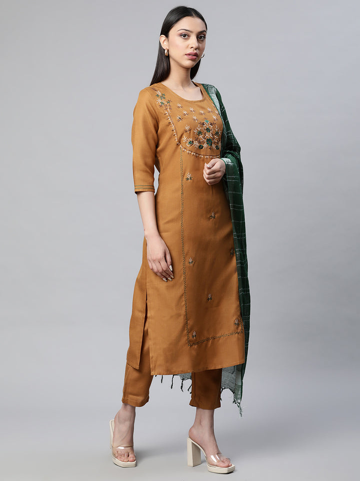 Women Brown Solid Embroidered Yoke Kurta with Trousers and Dupatta