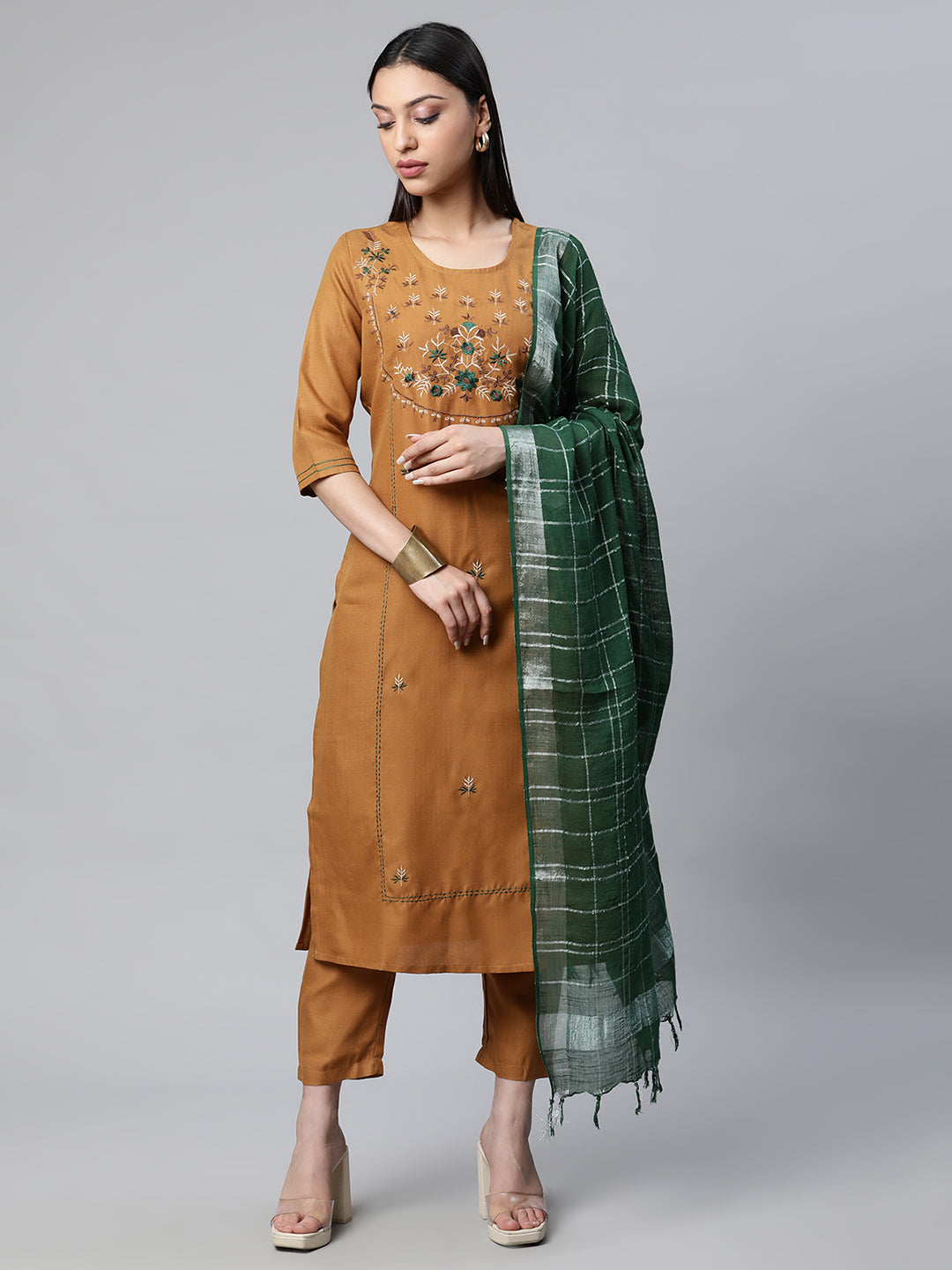 Women Brown Solid Embroidered Yoke Kurta with Trousers and Dupatta