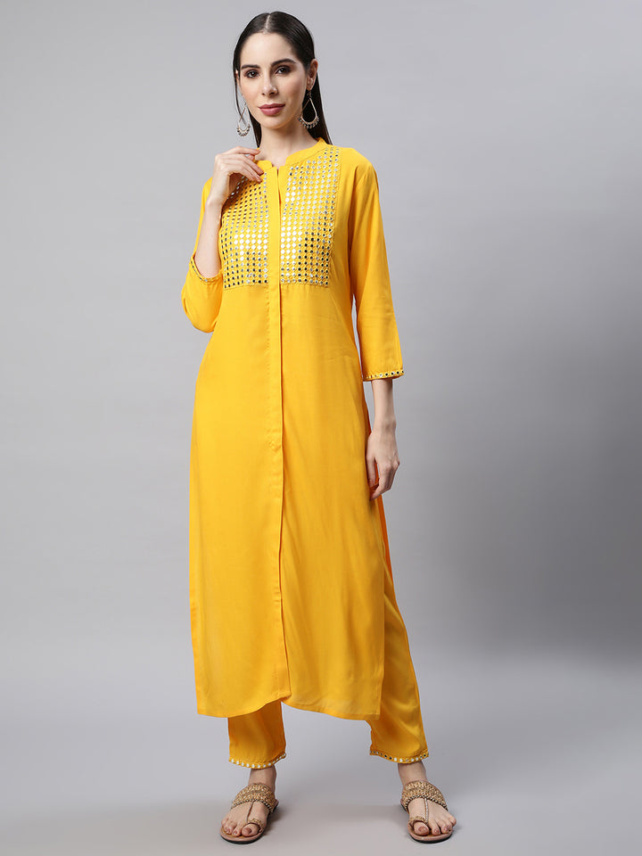 Women Yellow Mirror Embroidered Kurta with Trousers