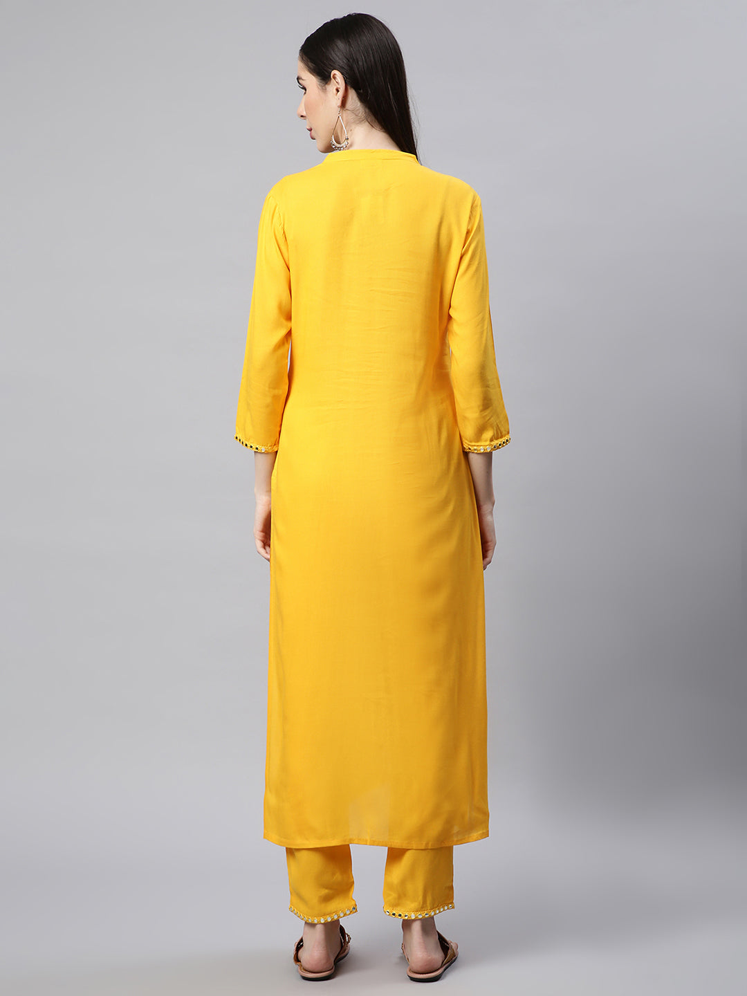 Women Yellow Mirror Embroidered Kurta with Trousers