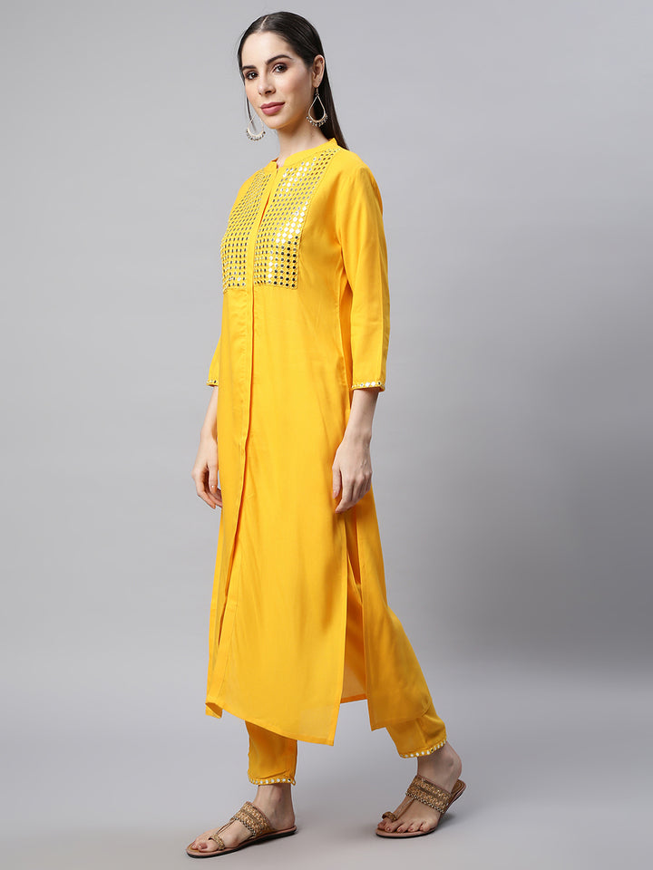 Women Yellow Mirror Embroidered Kurta with Trousers