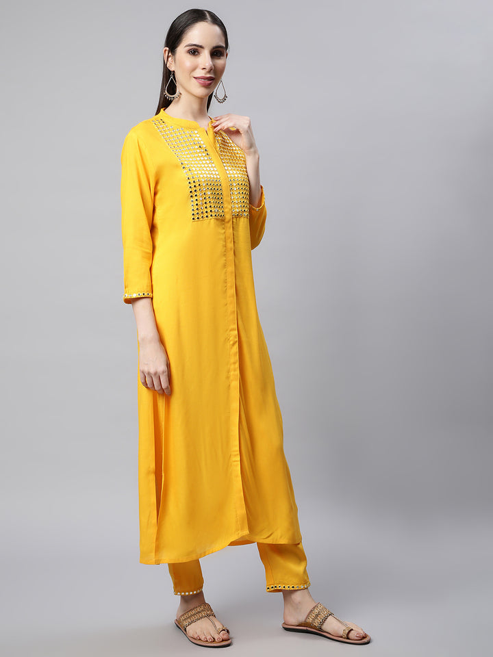 Women Yellow Mirror Embroidered Kurta with Trousers