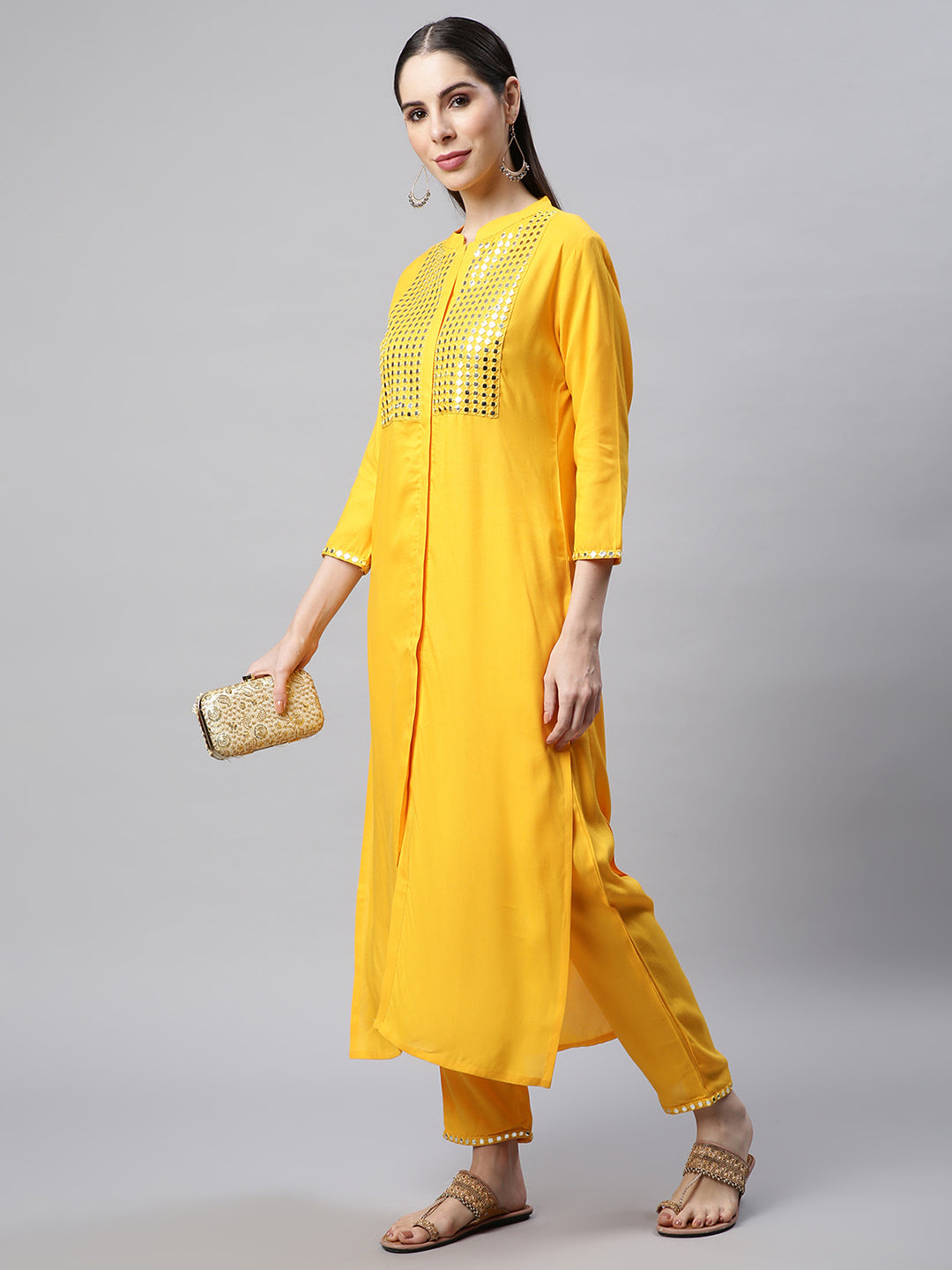 Women Yellow Mirror Embroidered Kurta with Trousers