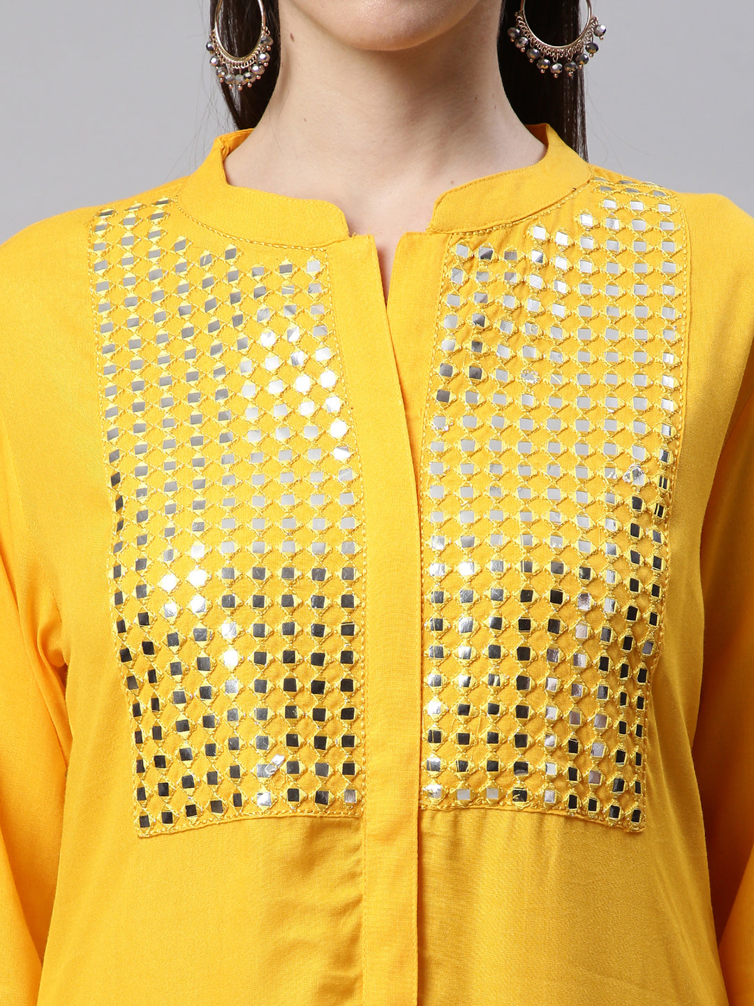 Women Yellow Mirror Embroidered Kurta with Trousers