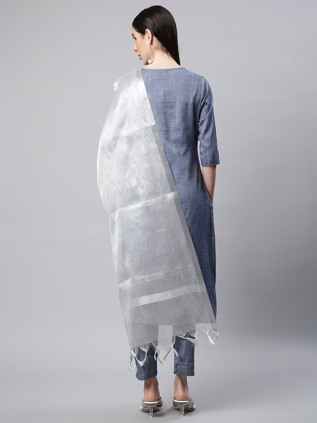 Women Grey Embroidered Yoke Design Kurta with Trousers and Dupatta