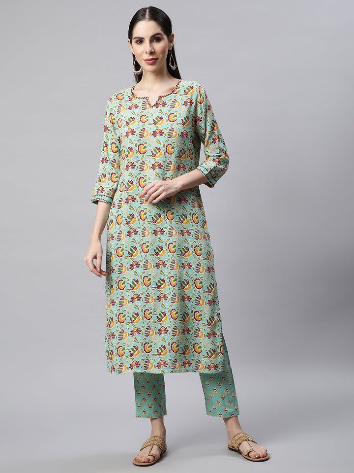 Women Green Printed Hand detailing Kurta with Trousers