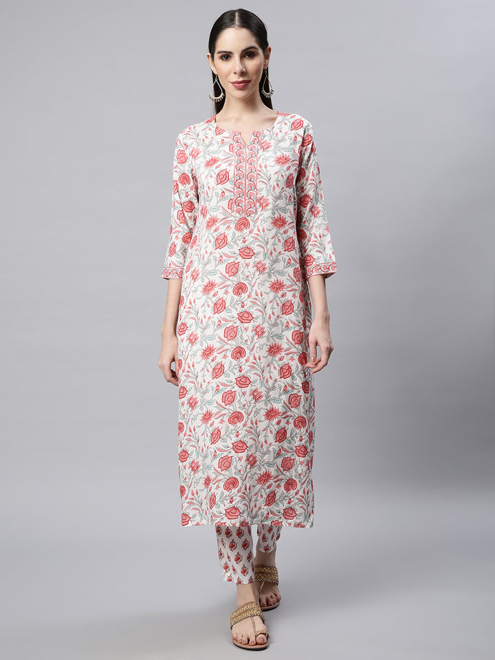 Women White Printed Kurta with Trousers