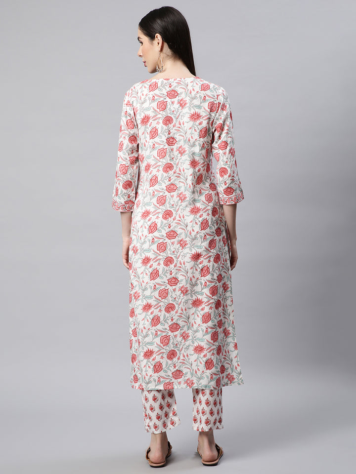 Women White Printed Kurta with Trousers