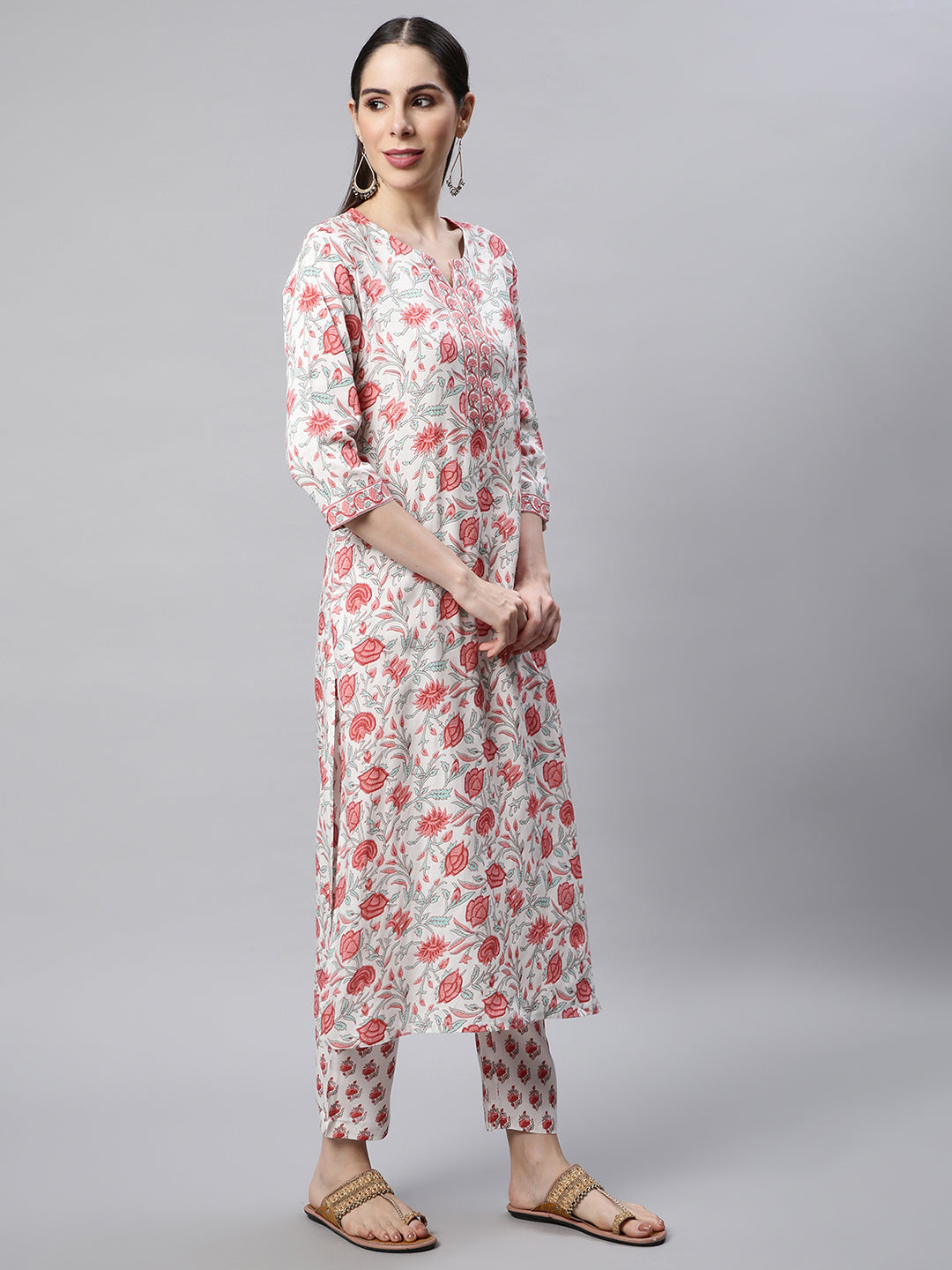 Women White Printed Kurta with Trousers