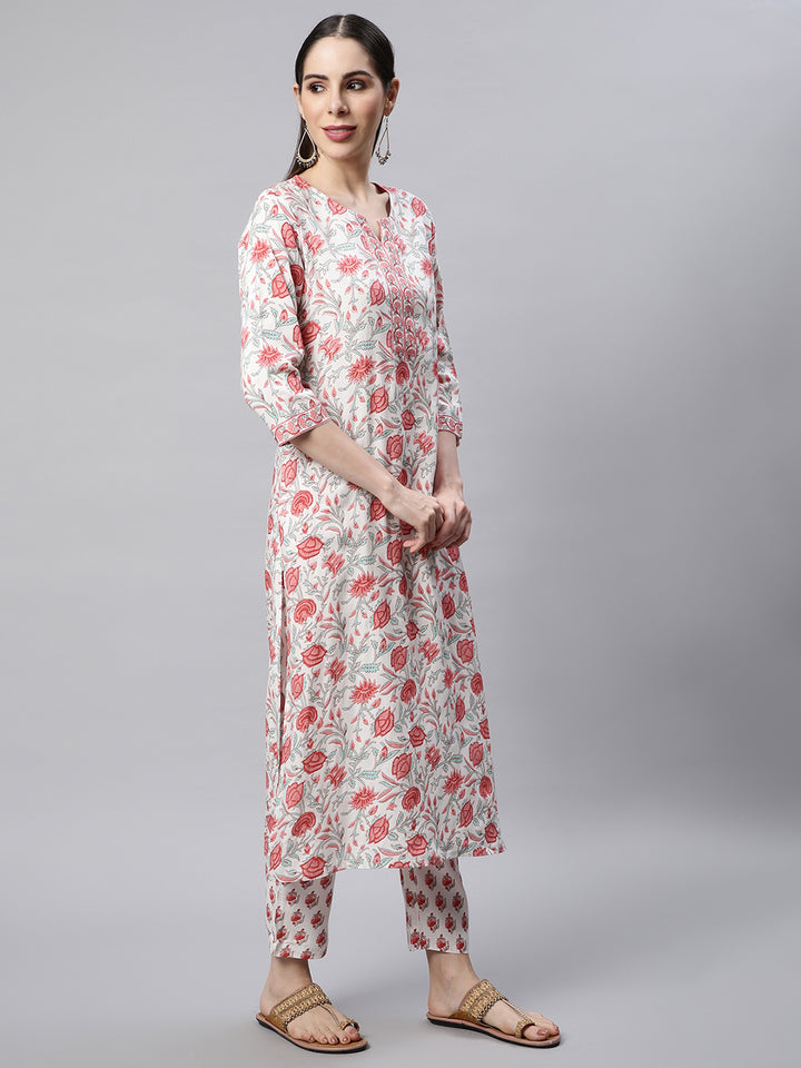 Women White Printed Kurta with Trousers