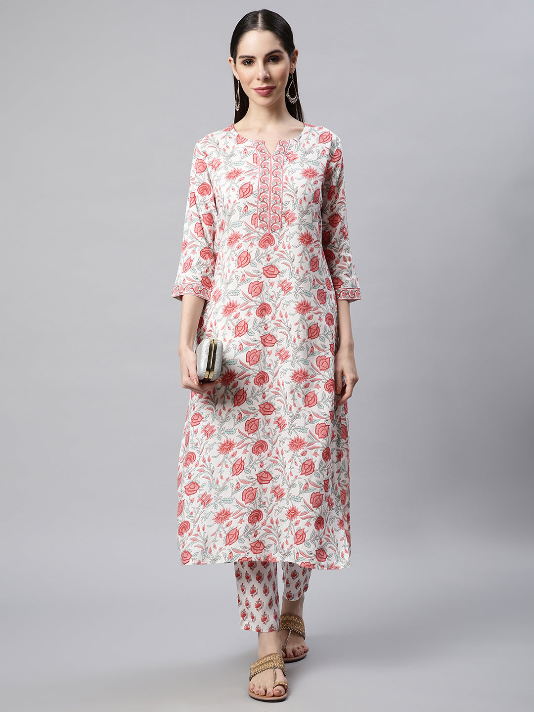 Women White Printed Kurta with Trousers