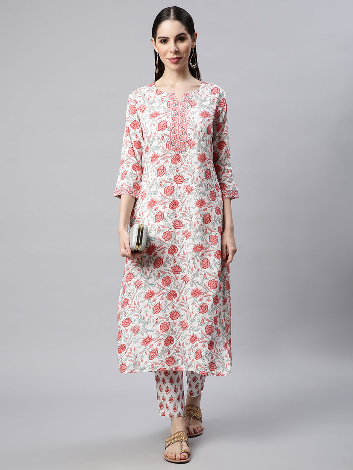 Women White Printed Kurta with Trousers