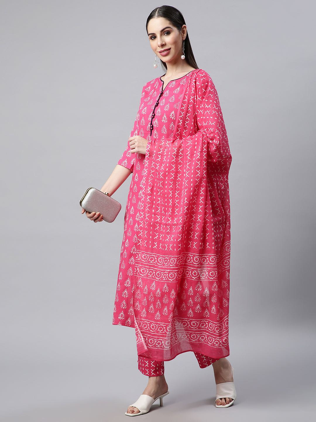 Women Pink Printed Kurta with Trousers and Dupatta
