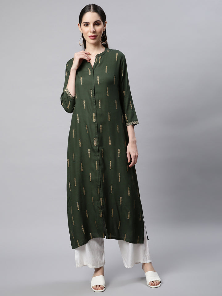 Green Foil Printed A-line Kurta