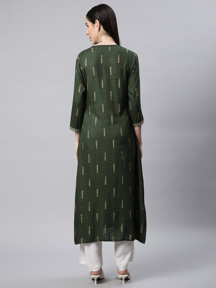 Green Foil Printed A-line Kurta