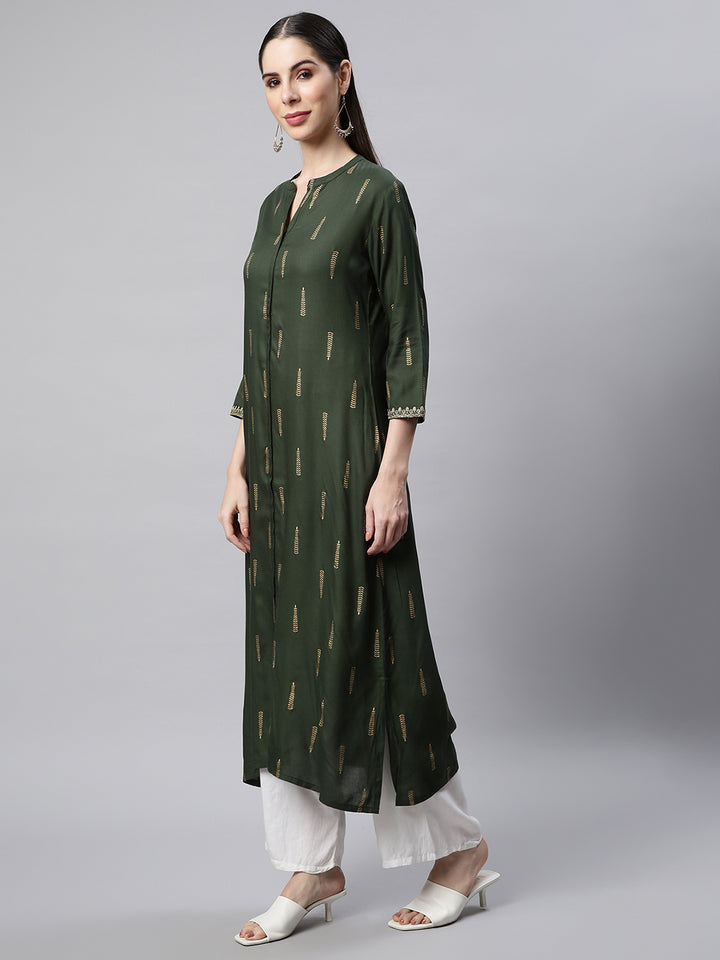 Green Foil Printed A-line Kurta