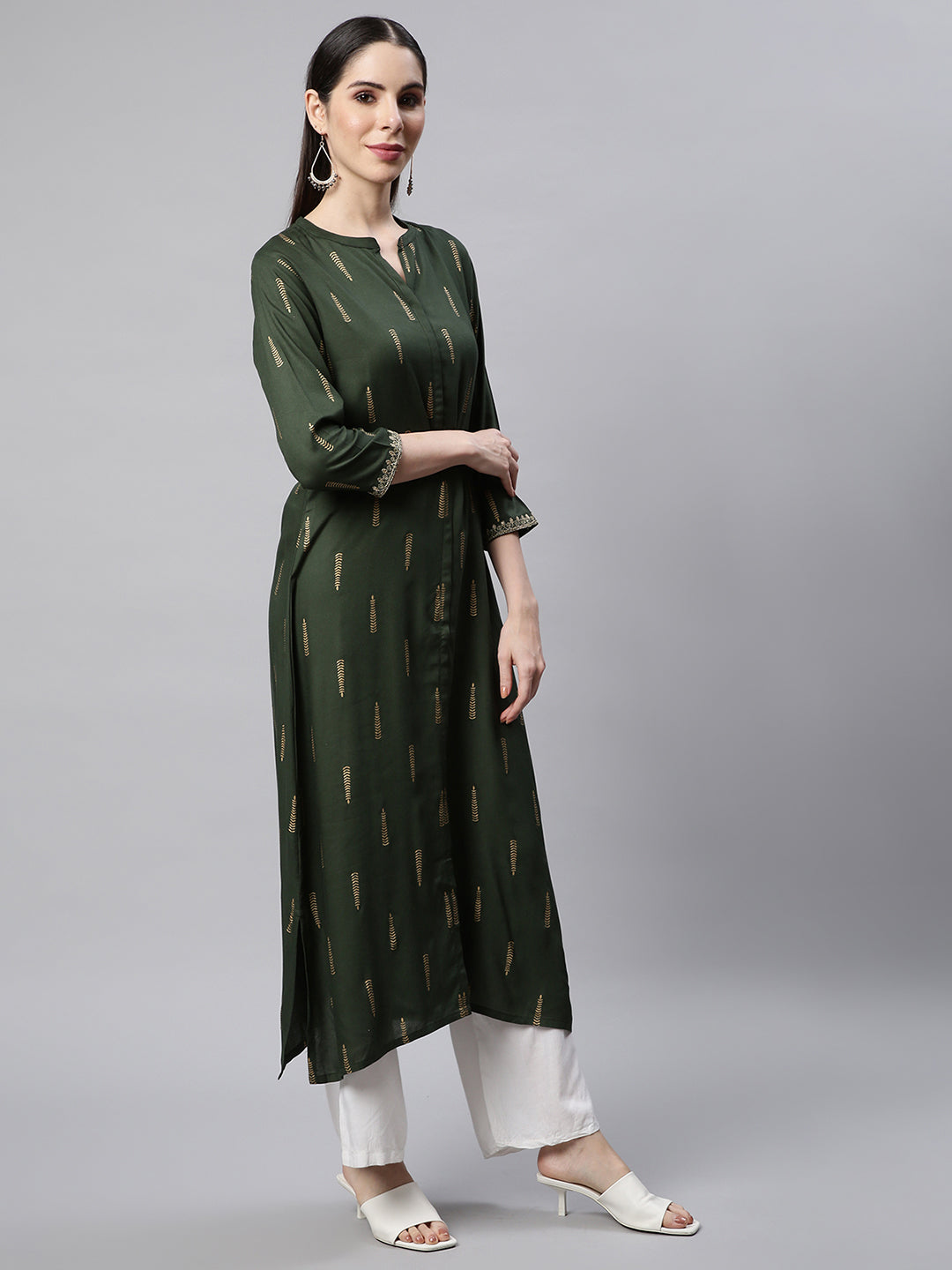 Green Foil Printed A-line Kurta