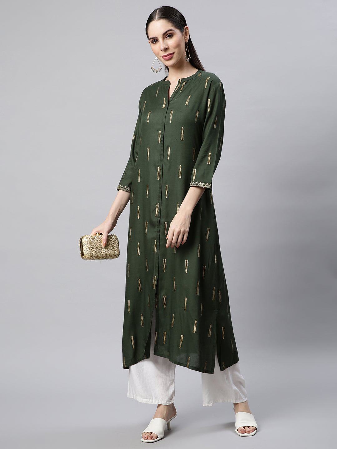 Green Foil Printed A-line Kurta