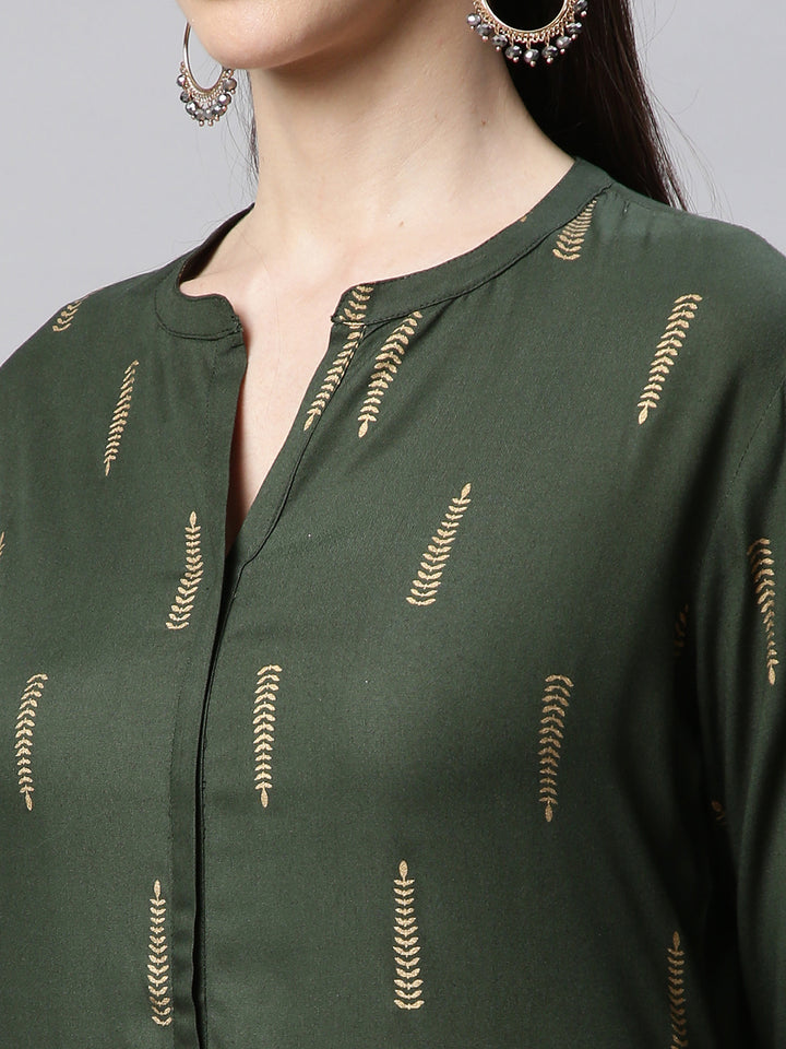 Green Foil Printed A-line Kurta