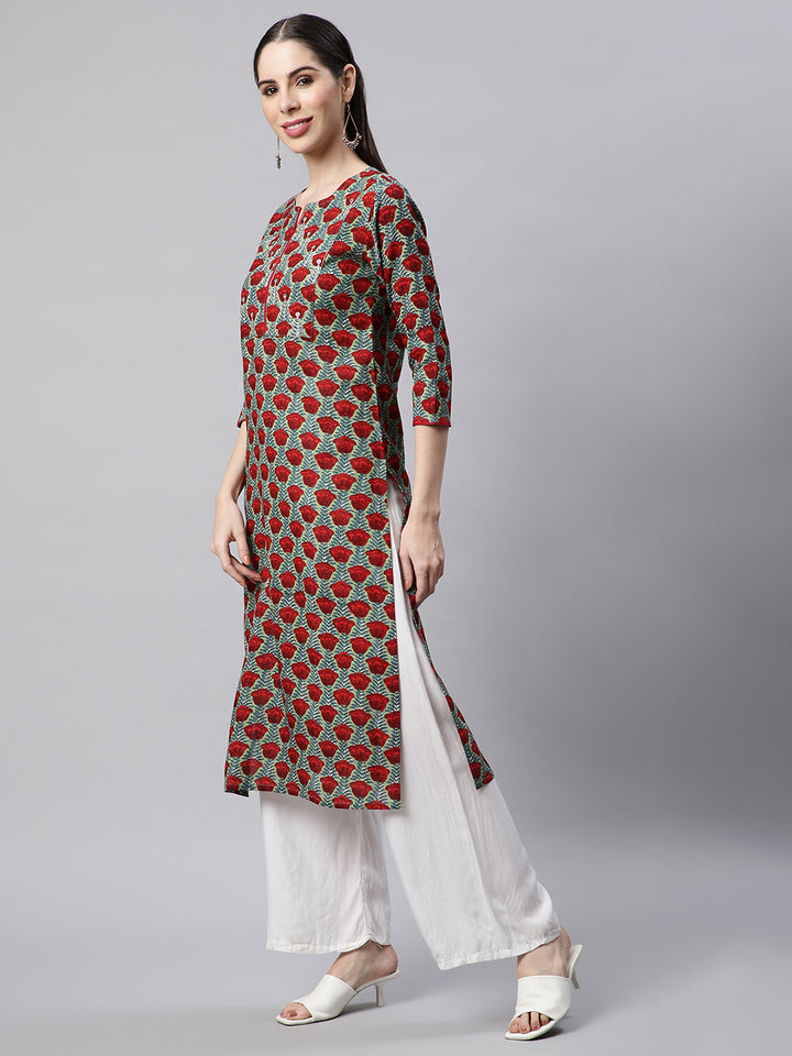 Green Floral Printed Kurta