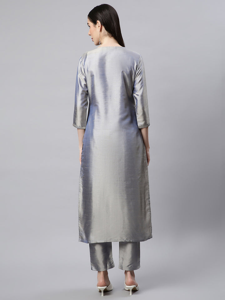 Women Grey Embroidered Kurta with Trousers