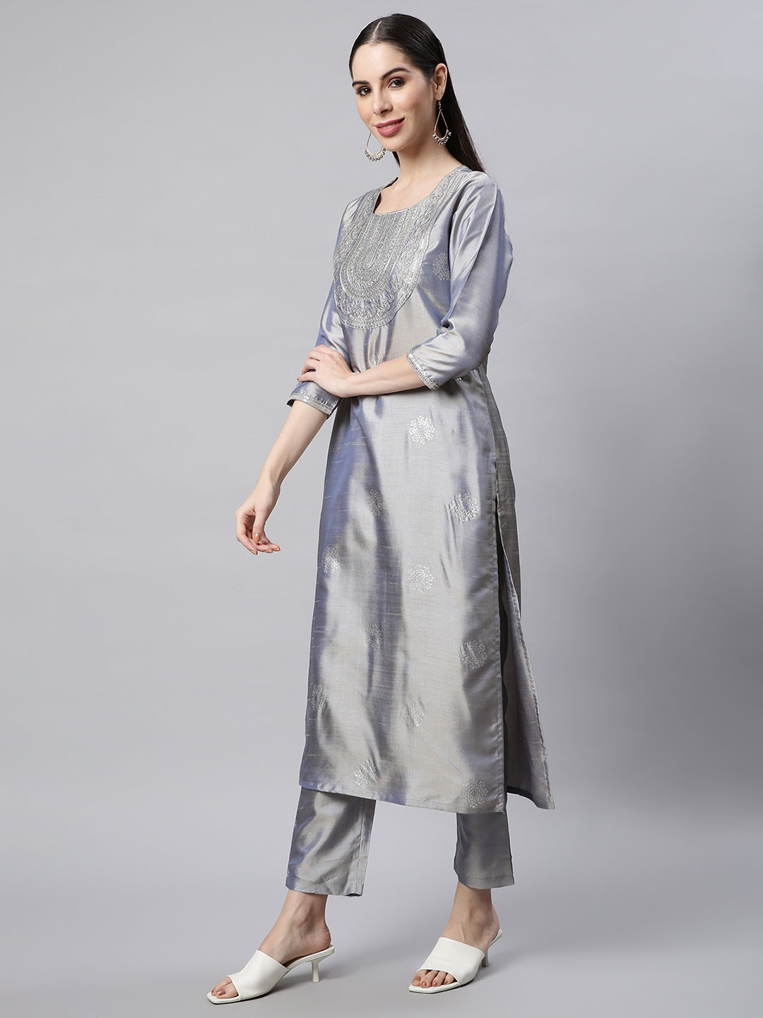 Women Grey Embroidered Kurta with Trousers