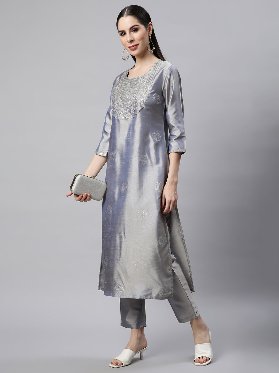 Women Grey Embroidered Kurta with Trousers