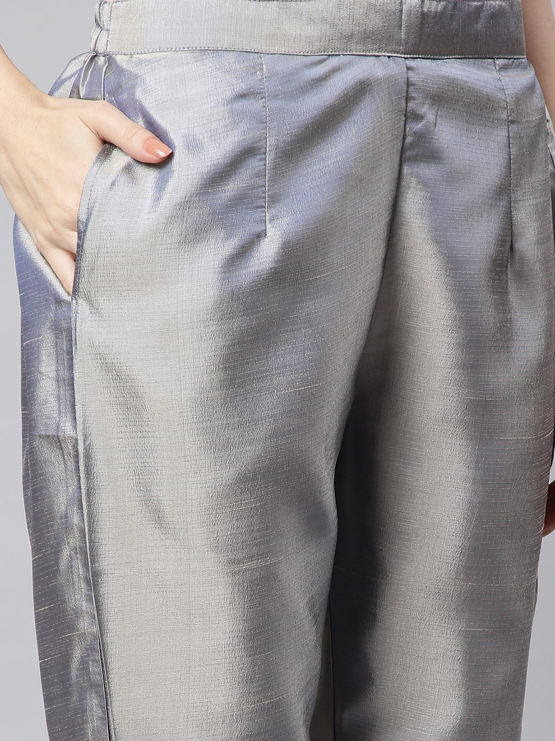 Women Grey Embroidered Kurta with Trousers