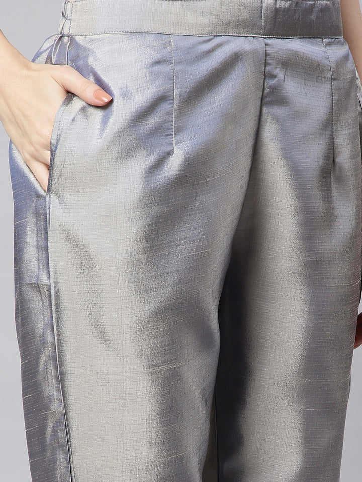 Women Grey Embroidered Kurta with Trousers