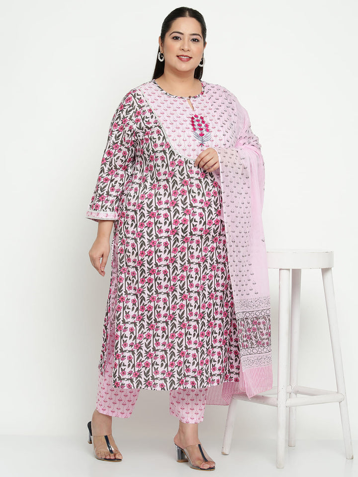 Women Pink Floral Printed Ethnic Motif Kurta with Trousers and Dupatta