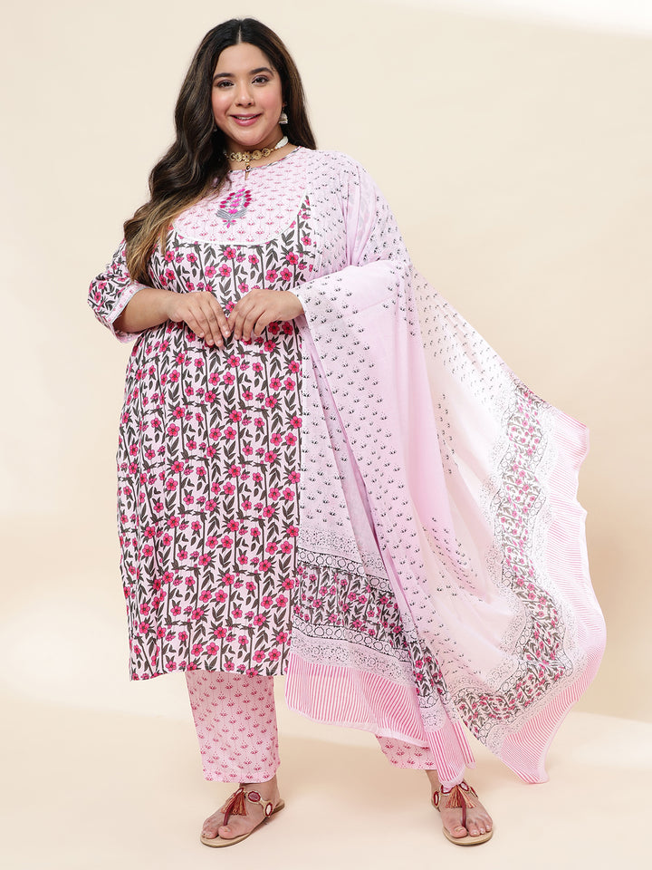 Women Pink Embroidered Plus Size  Kurta with trouser and Dupatta