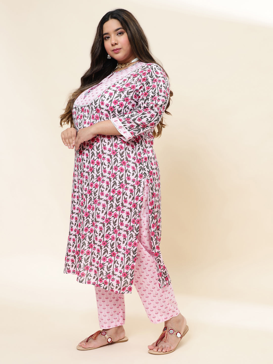 Women Pink Embroidered Plus Size Kurta with trouser and Dupatta