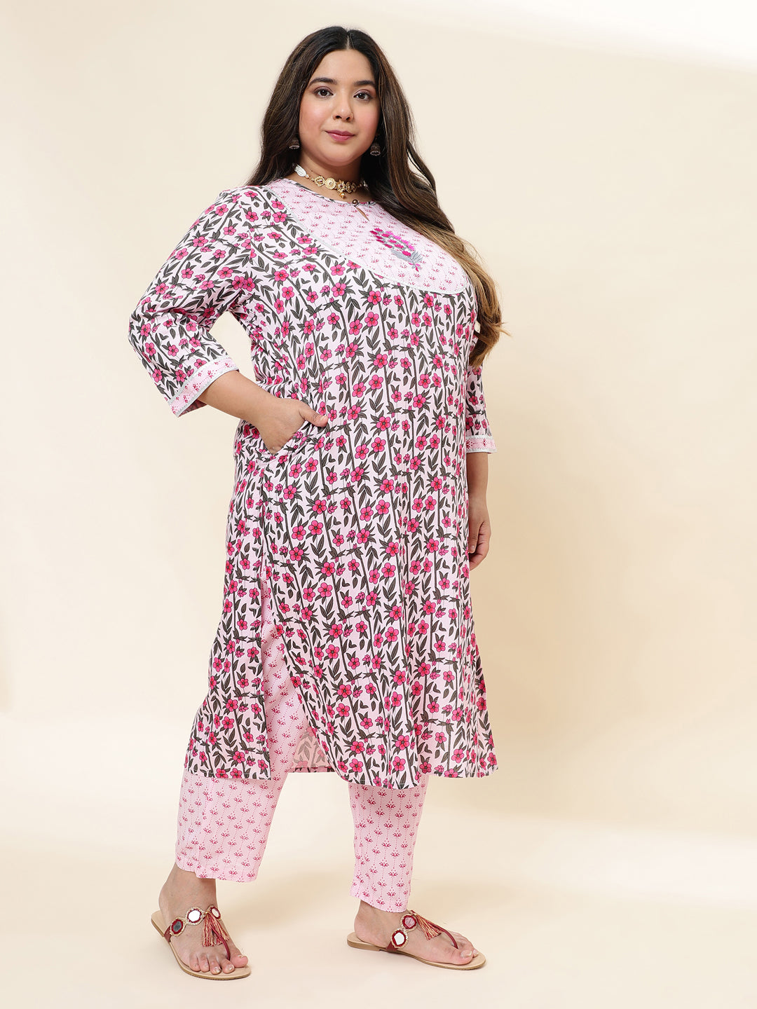Women Pink Embroidered Plus Size Kurta with trouser and Dupatta