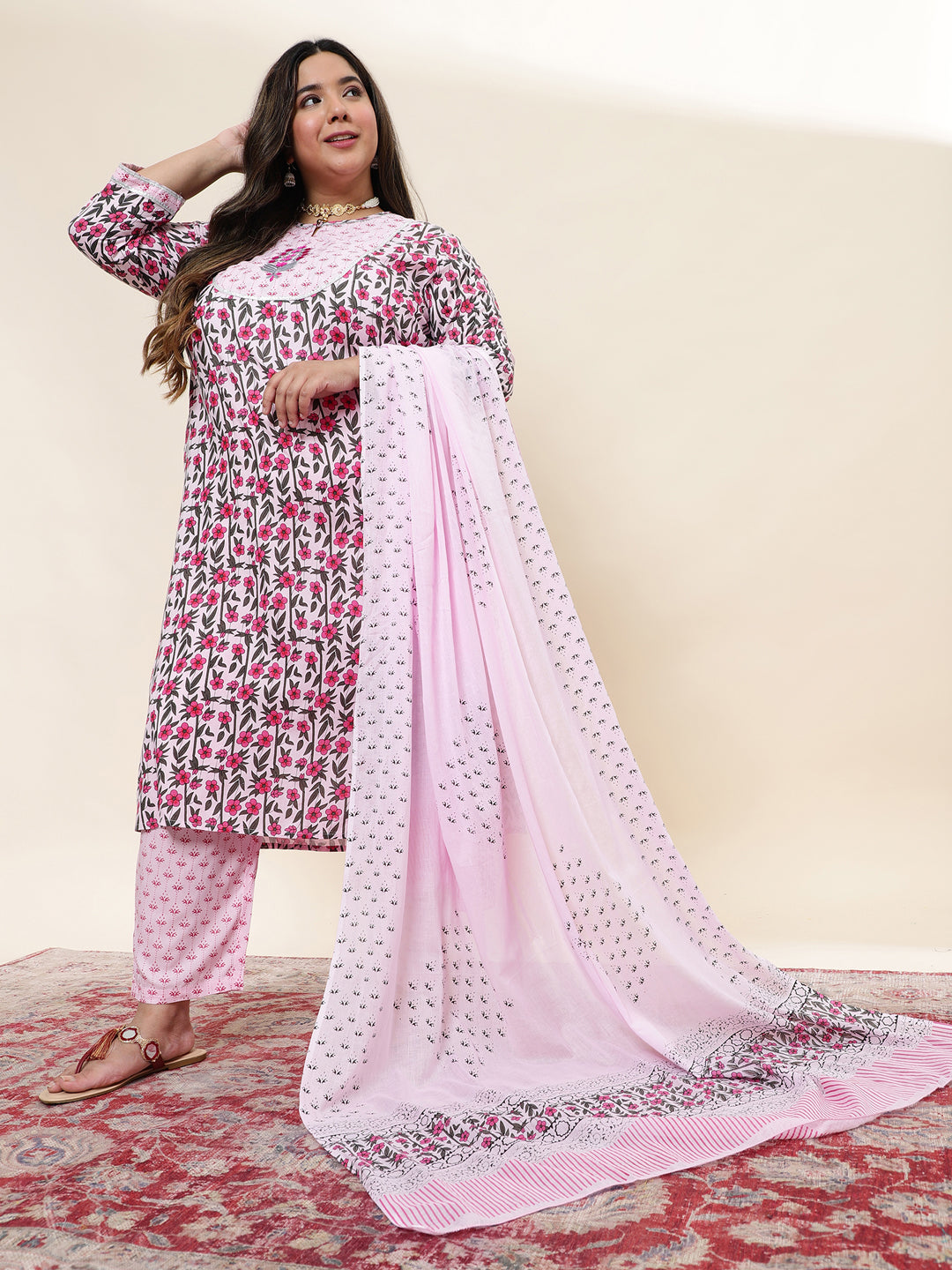 Women Pink Embroidered Plus Size Kurta with trouser and Dupatta