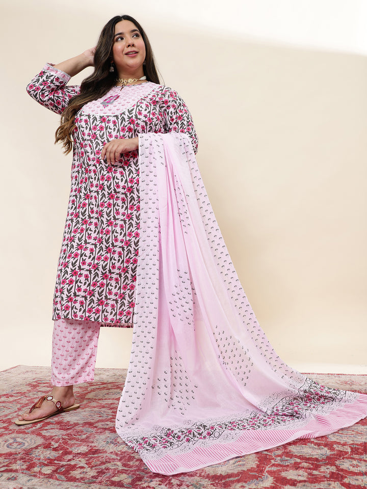 Women Pink Embroidered Plus Size  Kurta with trouser and Dupatta