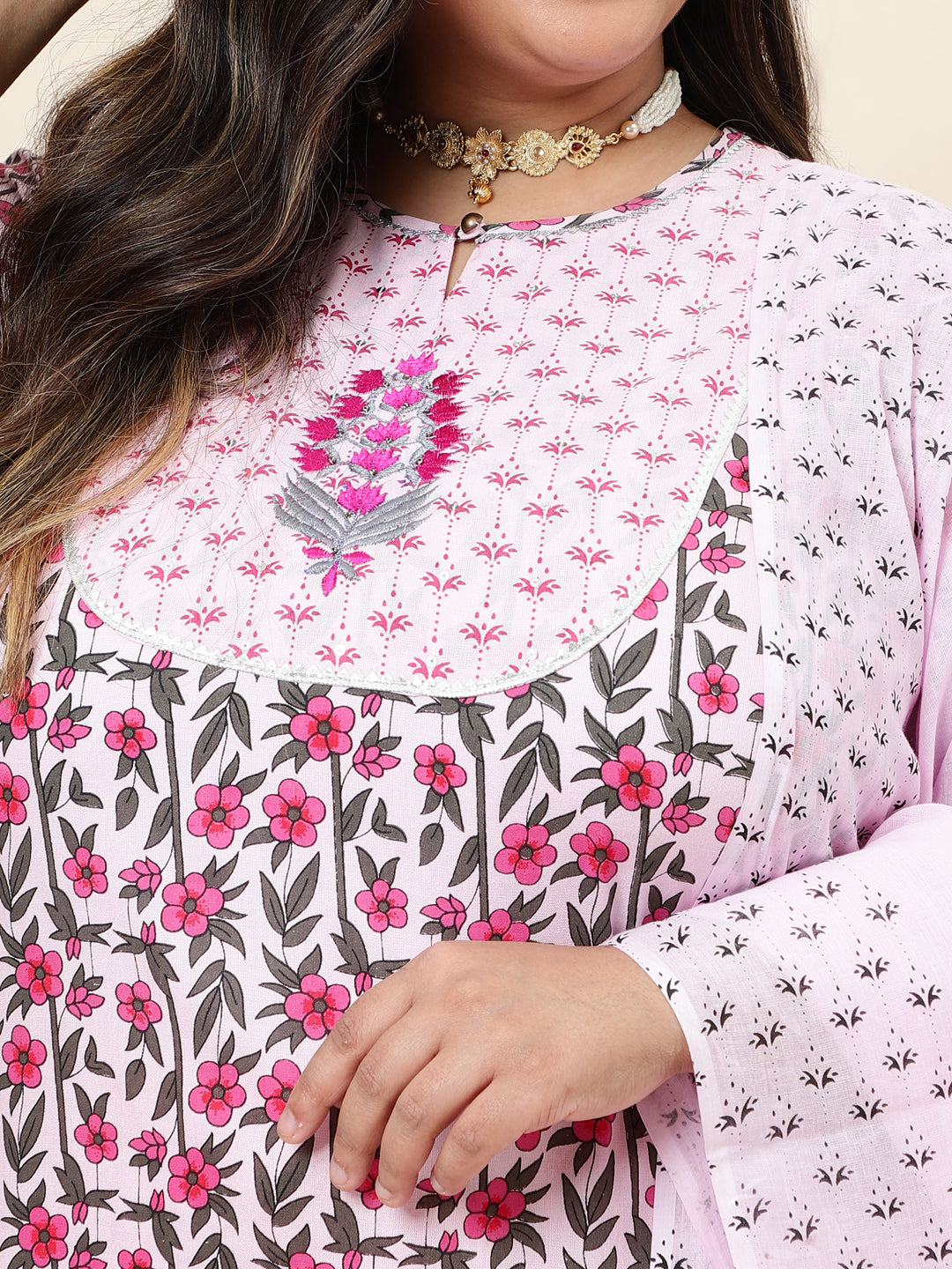 Women Pink Embroidered Plus Size  Kurta with trouser and Dupatta