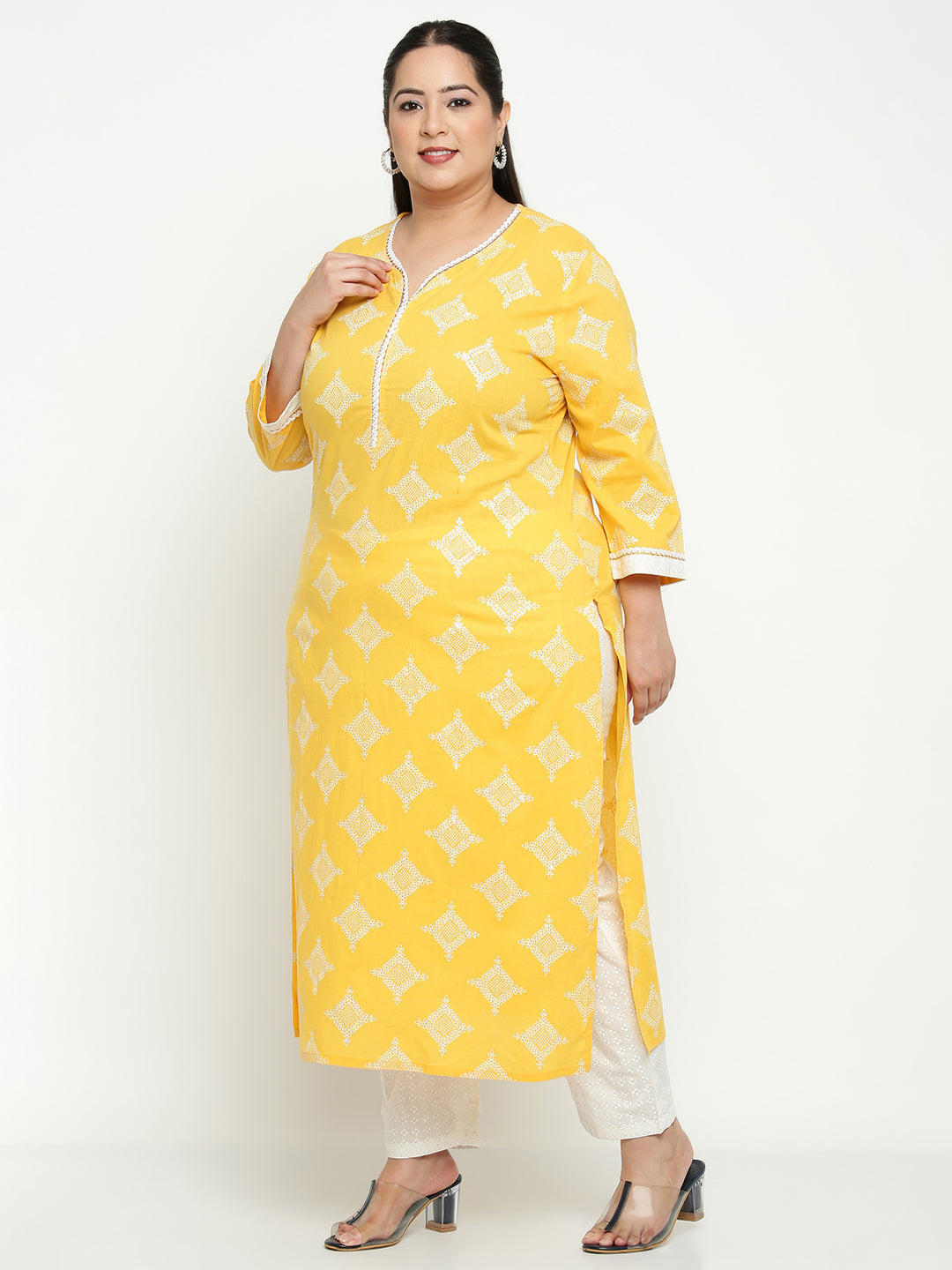 Women Yellow Printed Cotton Plus Size Kurta with Trousers and Dupatta